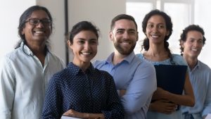 Multi,Racial,Company,Members,,Enthusiastic,Business,People,Smile,Pose,In