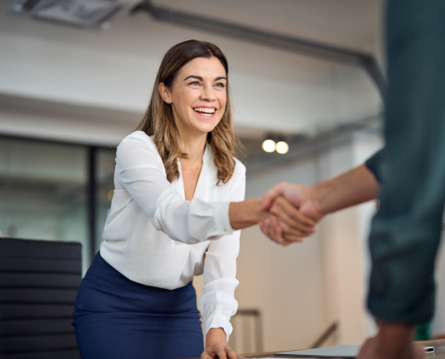 Happy,Mid,Aged,Business,Woman,Manager,Handshaking,Greeting,Client,In