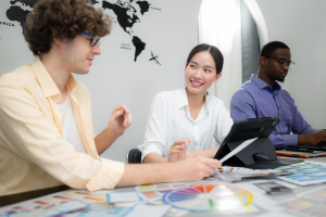 people discussing in office