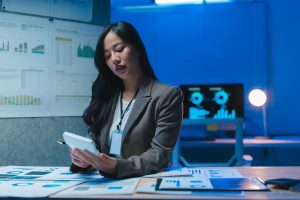 businesswoman analyzing reports